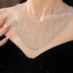 Exquisite light luxury blue glass bead fringe necklace on elegant model for palace style