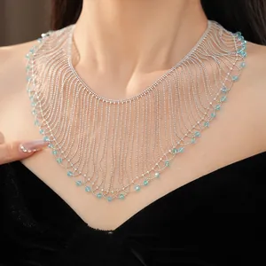 Close-up detail showing the intricate luxury glass bead fringe lace necklace on neck