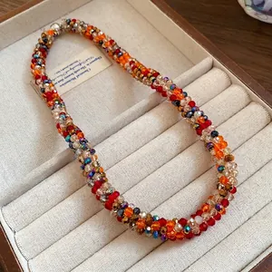 Colorful rainbow beaded handmade woven choker necklace for women