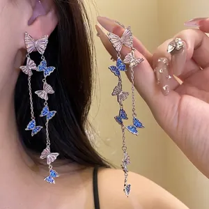 Elegant Butterfly Tassel Dangle Earrings For Women Copper Zirconia Stud Earrings With Silver Earring Post Light Luxury Jewelry