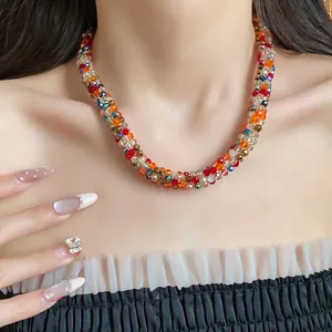 Bohemian hand-woven rainbow seed bead choker necklace with colorful vibrant crystal beads