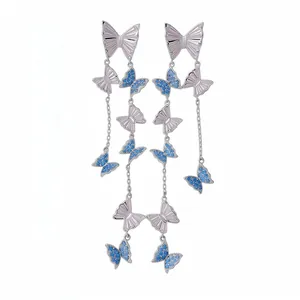 Elegant silver-toned long tassel earrings featuring pink and blue butterflies