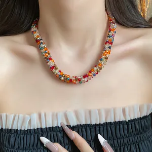 Colorful handcrafted rainbow beaded necklace with intricate woven design for women