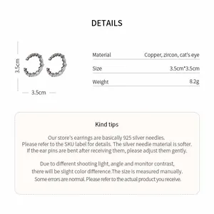 Technical specifications for zircon cat's eye earrings including size and weight.