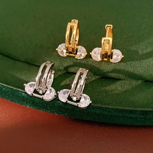 Luxury Oval Hollow Zircon Ear Buckle Earrings 18K Gold Plated Copper Geometric Stud Earrings With Silver Earring Post For Women