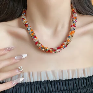 Detailed view of a handmade rainbow woven seed bead clavicle necklace on a model