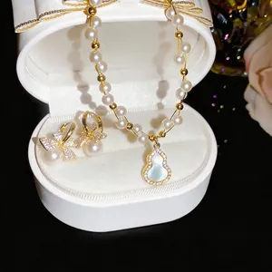 18K Gold Plated Gourd Pendant Artificial Pearl Necklace And Bowknot Pearl Earrings Jewelry Set With Zirconia For Women