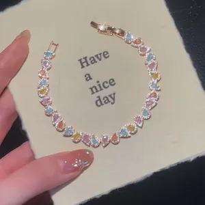Bracelet en Zirconia Goutte d'Eau Plaqué Or Rose 18K pour Femme Simple Doux Jonc de Pierres Précieuses Multicolores Bijoux Cadeau