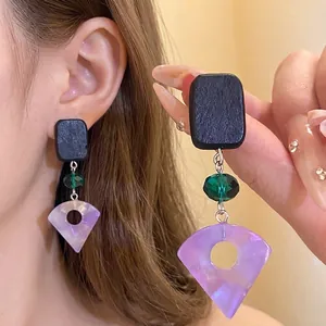 Western Style Wood Resin Fan-Shaped Dangle Earrings For Women Geometric Square Wood Purple Resin Drop Earrings With Silver Earring Post Jewelry