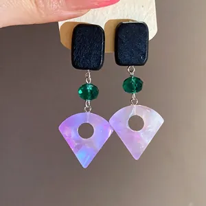 Handcrafted geometric wood and iridescent purple resin fan-shaped drop earrings for women