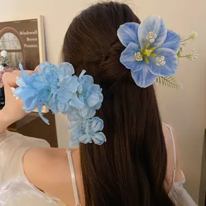 Blue Lily Flower Hair Clip Elegant Fabric Floral Duckbill Clip Fairy Style Handmade Hair Accessories For Women Wedding Party