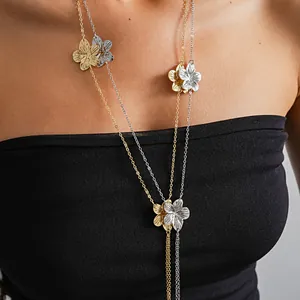 Vintage Metallic Flower Tassel Necklace For Women European Fashion Y-Shaped Gold Silver Plated Iron Chain Floral Pendant Sweet Jewelry