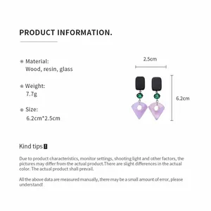 Macro view of geometric wood resin fan earrings with detailed size and weight specs