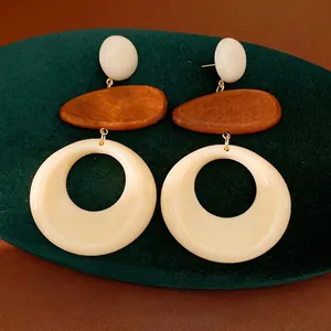 Ethnic Retro Geometric Round Drop Earrings With Silver Earring Post Resin Hollow Stitching Design Jewelry For Women Gift