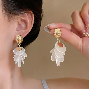 French Vintage Shell Flower Petal Tassel Earrings Real Gold Plated Copper Drop Earrings With 925 Sterling Silver Earring Post For Women