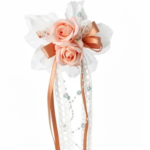 Elegant peach rose hair clip with white lace leaves and dangling pearl bead ribbons