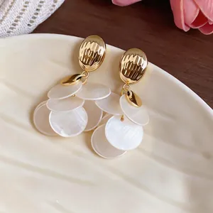 Vintage French style shell petal tassel drop earrings with gold-tone studs