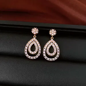Elegant 18K gold plated water-drop dangle earrings featuring sparkling cubic zirconia stones