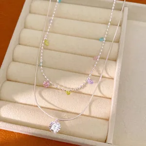 Collana con Pendente a Nappa in Rame Zirconia a Doppio Strato Stile Francese Elegante Girocollo in Zirconia Multicolore da Donna