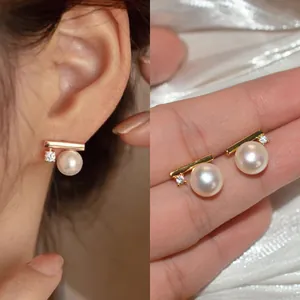 Minimalist Alloy Artificial Pearl Rhinestone Stud Earrings With Silver Earring Post Light Luxury Round Earring Jewelry For Women