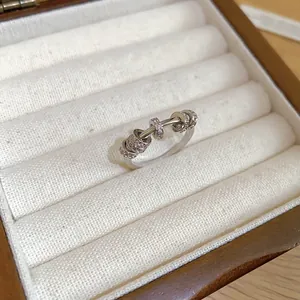 Detailed view of silver fidget ring with sliding zircon beads in a jewelry box