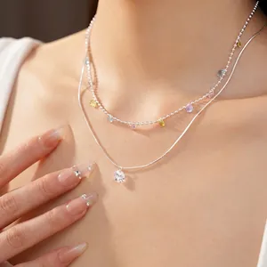 Collana a doppio strato in argento con perline di cristallo e ciondolo in zircone