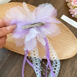Detailed back view of purple lace flower hair clip with silver duckbill metal fastener