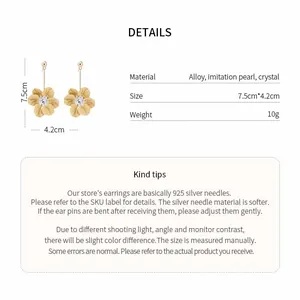 Product details for sweet flower long earrings showing material, size, and weight