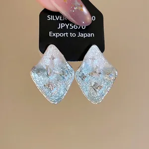 Orecchini a Bottone Rombo Increspato Zirconia per Donna Rame Blu Argento Colore Orecchini Geometrici Gioielli di Tendenza Regalo