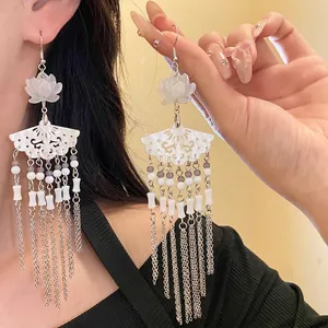 Neu Chinesischer Stil Harz Blume Fächerförmige Kette Quaste Ohrhaken Ohrringe Ethnisch Retro Eisen Stein Glas Schmuck Für Hanfu Damen
