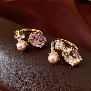 Elegant Oval Purple Crystal Artificial Pearl Open Ring Gold Plated Alloy Rhinestone Adjustable Finger Ring For Women Light Luxury Jewelry