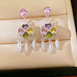 Vintage Palace Style Copper Zirconia Flower Tassel Earrings Silver Post Colorful Heart Zirconia Feather Jewelry For Women