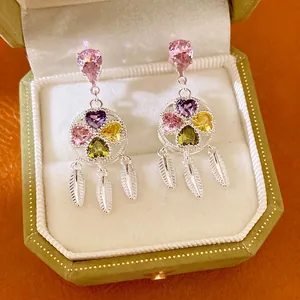 Elegant vintage zircon flower tassel earrings in silver finish with colorful heart stones