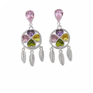 Vintage palace style zircon flower stud earrings with colorful heart stones and silver tassels