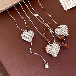 Minimalist Copper Woven Heart Pendant Necklace For Women Adjustable Bead Chain Trendy Silver Color Office Jewelry Clavicle Chain