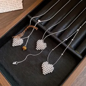 Minimalist silver beaded heart pendant necklace with adjustable drawstring chain for women