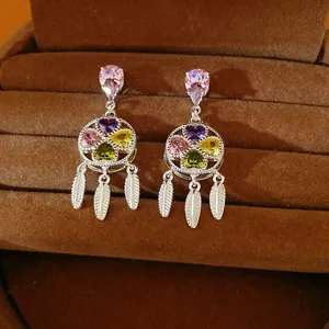 Vintage colorful zircon dreamcatcher stud earrings with silver feather tassels for women