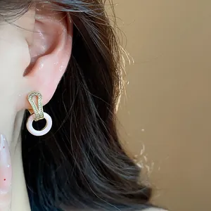 Nahaufnahme eleganter 14k vergoldeter Zirkonia-Ohrringe mit rosa runden Anhängern.