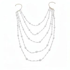 Elegant multi-layer pearl bead ear cuff wrap earring with golden hooks on white background