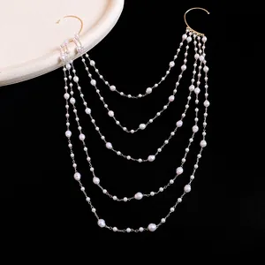 Detailed view of elegant multi-layer pearl beaded ear hook earring with gold chains
