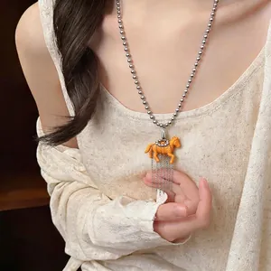 Childlike Resin Pony Pendant Sweater Chain Niche Design Silver Ball Chain Long Necklace With Tassel For Women Jewelry