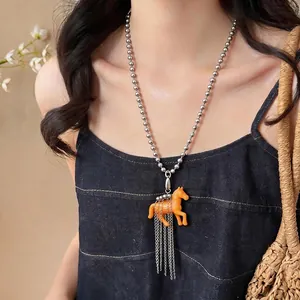 Niche playful style resin horse pendant sweater chain necklace with silver beads