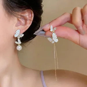 Asymmetric Butterfly Tassel Drop Earrings With 925 Sterling Silver Post Enamel Rhinestone Artificial Pearl Gold Jewelry