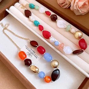 Bohemian Irregular Multi Color Resin Bead Necklace For Women Gold Plated Alloy Clavicle Chain Vintage Light Luxury Neck Jewelry