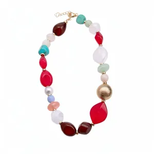 Bohemian necklace featuring multi-color irregular resin beads and a gold textured sphere