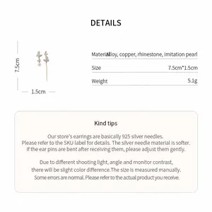 Product detail card for asymmetric butterfly pearl earrings showing size and 925 silver material