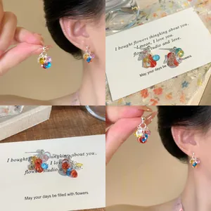 Pendientes de Botón con Borla de Cuentas de Vidrio Multicolor Hechos a Mano Con Poste de Plata de Ley 925 Joyería para Mujer