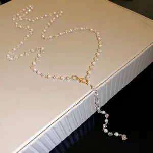 Elegant fashion pearl and crystal beaded necklace with gold lobster clasp for women