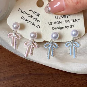 French Sweet Bowknot Artificial Pearl Stud Earrings For Women With Zirconia 925 Sterling Silver Earring Post Copper Jewelry
