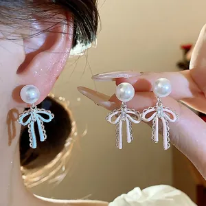 Elegant bow earrings with pearls and cubic zirconia, French style sweet jewelry for women